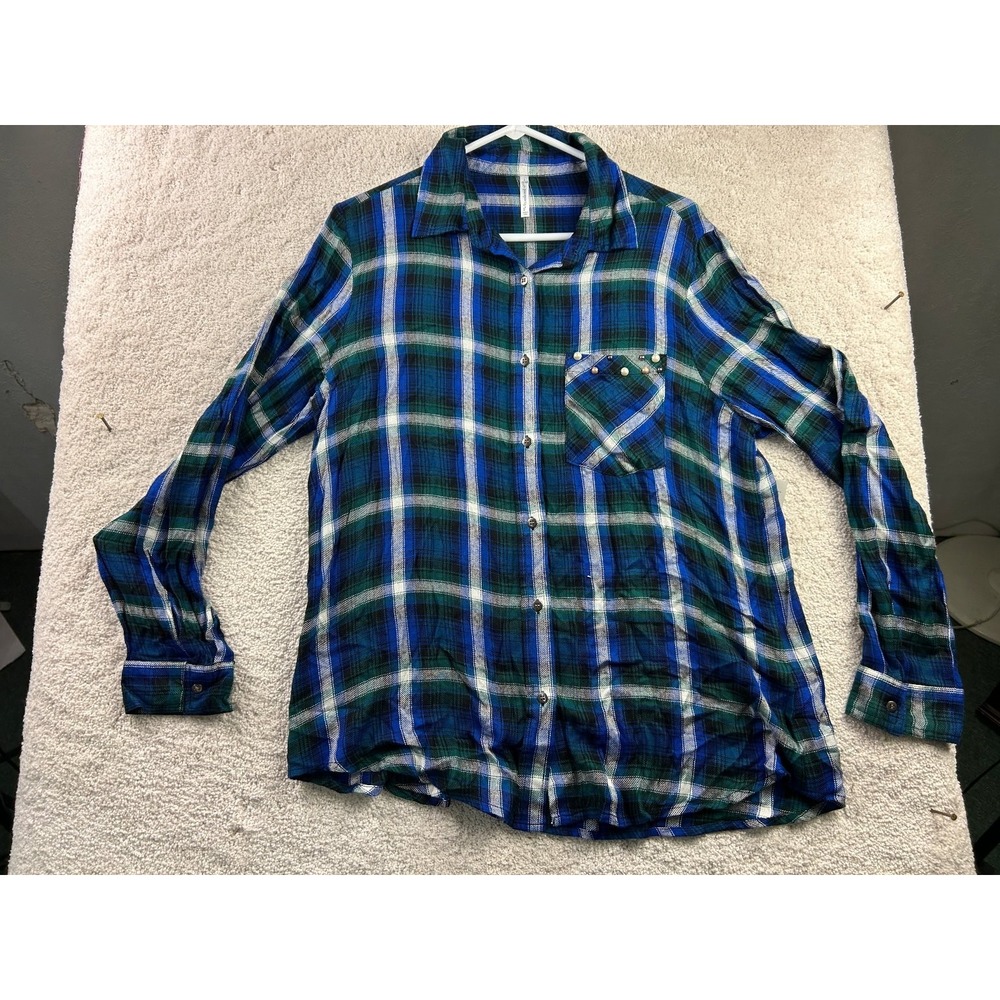 Passports Women's‎ Top Large Blue Green Plaid Viscose Button Shirt